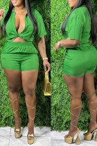 Green Sexy Solid Patchwork V Neck Plus Size Two Pieces
