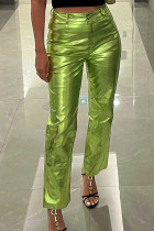 Pantalones de color sólido rectos de cintura alta de patchwork sólido de calle informal verde