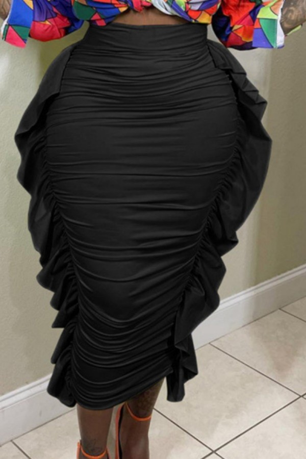 Faldas de color sólido convencional de cintura alta con pliegues de retazos sólidos informales negro