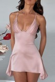 Rosa Sexig Solid Backless V-hals Sling Dress Klänningar