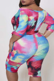 Rose Red Blue Casual Print Bandage Patchwork O Neck Plus Size Jumpsuits