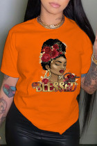 Camisetas casuais com estampa de patchwork e decote em tangerina