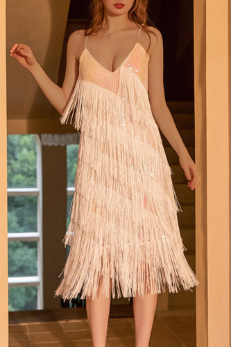 White Sexy Solid Tassel Patchwork Spaghetti Strap Sling Dress Dresses