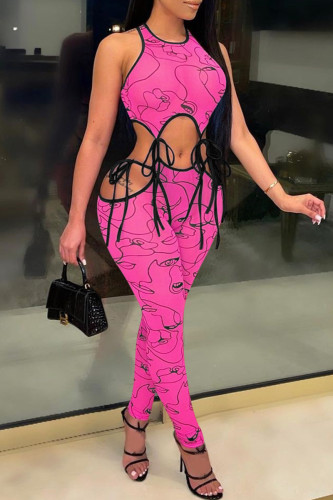 Rose Red Sexy Casual Print Bandage Hollowed Out O Neck Skinny Jumpsuits