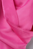 Vestidos de falda de un solo paso con cuello en V y hebilla de patchwork sólido elegante rojo rosa