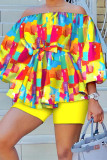 Colour Casual Print Patchwork Off the Shoulder Long Sleeve Two Pieces