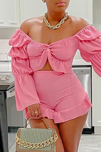 Pink Sexy Solid Backless Off the Shoulder Long Sleeve Two Pieces