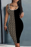 Schwarze Aprikose Sexy Print Basic U-Ausschnitt Weste Kleid Kleider