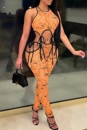 Gold Sexy Casual Print Bandage Hollowed Out O Neck Skinny Jumpsuits