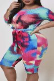 Rose Red Blue Casual Print Bandage Patchwork O Neck Plus Size Jumpsuits