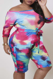 Rose Rot Blau Casual Print Bandage Patchwork O Neck Plus Size Overalls