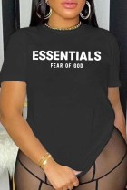 Zwarte casual T-shirts met letter O-hals