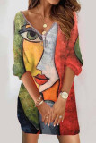 Paarse casual print patchwork jurken met V-hals en lange mouwen