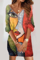 Цветные повседневные платья в стиле пэчворк с V-образным вырезом и длинными рукавами