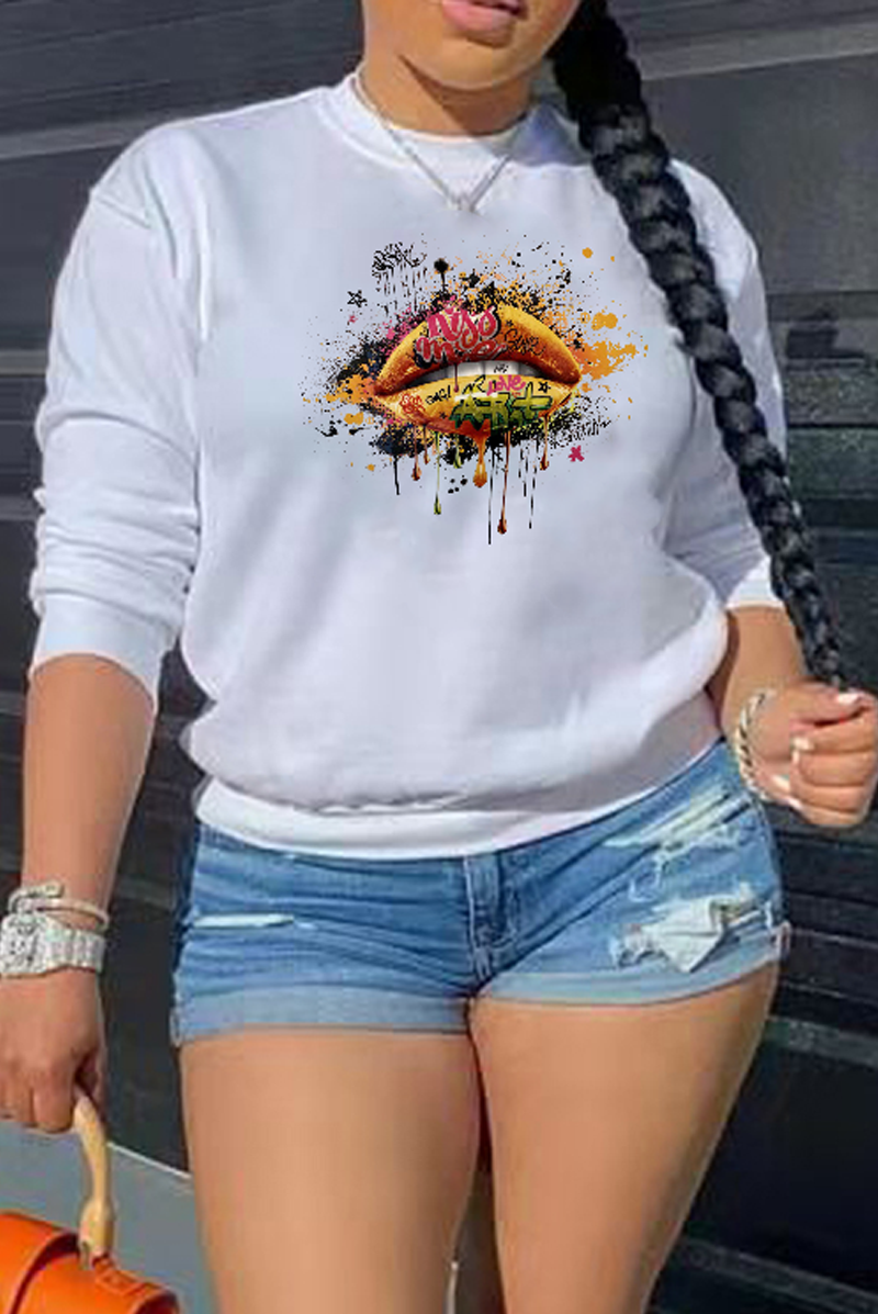 

White Vintage Lips Printed Patchwork O Neck Tops