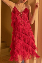 Красное сексуальное однотонное платье с кисточками в стиле пэчворк на тонких бретельках Платья