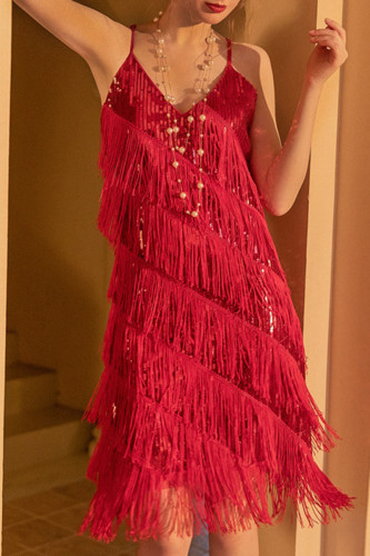 Red Sexy Solid Tassel Patchwork Spaghetti Strap Sling Dress Dresses