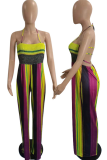 Yellow Street Striped Draw String Halter Plus Size Jumpsuits