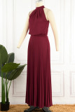 Rose Red Casual Solid Patchwork Backless Fold Halter Vestidos rectos