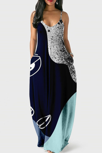 Tibetan Blue Street Print Patchwork Spaghetti Strap Lantern Dress Dresses