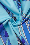 Raya azul Estampado casual Patchwork Fuera del hombro Manga larga Dos piezas