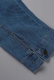 Tute di jeans regolari a vita alta a maniche lunghe con colletto rovesciato patchwork solido blu casual