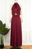 Rose Red Casual Solid Patchwork Backless Fold Halter Straight Dresses