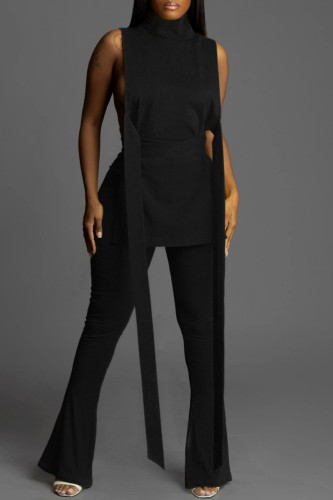 Black Casual Solid Bandage Turtleneck Sleeveless Two Pieces