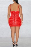 Red Sexy Patchwork Hot Drilling Backless Spaghetti Strap Sleeveless Dress Dresses