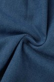 Blauer, lässiger, solider Patchwork-Umlegekragen mit langen Ärmeln und hoher Taille, normaler Denim-Overall