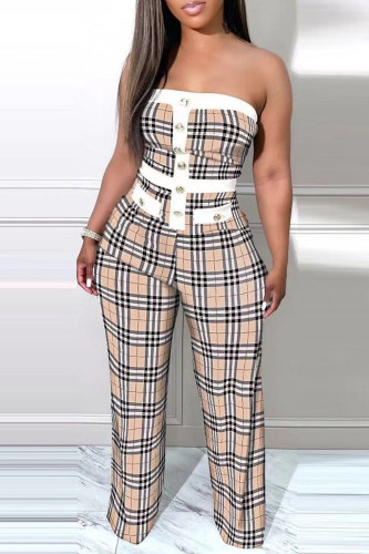 Khaki Sexy Street Print Patchwork Strapless Straight Jumpsuits
