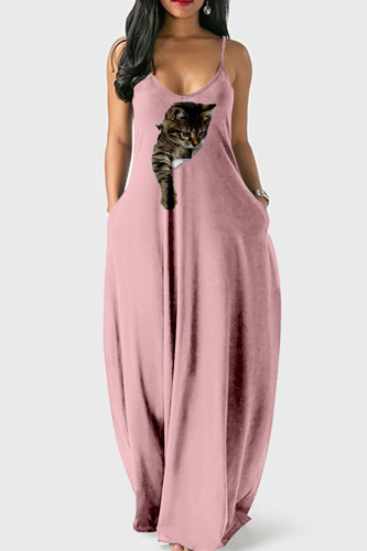 Light Pink Street Print Patchwork Spaghetti Strap Lantern Dress Dresses