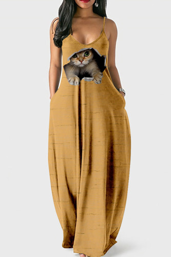 Shallow Yellow Street Print Patchwork Spaghetti Strap Lantern Dress Dresses