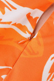 naranja rojo casual dulce estampado patchwork fibroso orillo fuera del hombro manga larga dos piezas