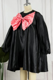 Black Casual Sweet Solid Patchwork With Bow O Neck A Line Plus Size Dresses