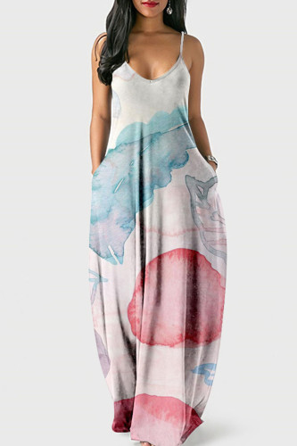 Light Pink Street Print Patchwork Spaghetti Strap Lantern Dress Dresses