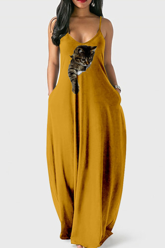 Yellow Street Print Patchwork Spaghetti Strap Lantern Dress Dresses