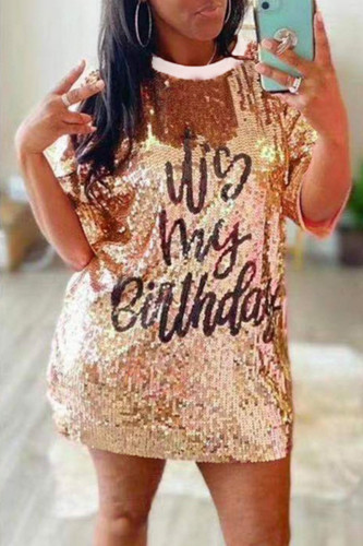 Gold Street Solid Sequins Patchwork O Neck Dresses