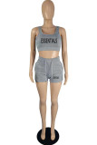 Grey Casual Print Letter U Neck Sleeveless Two Pieces