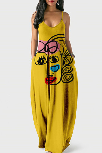 Yellow Street Print Patchwork Spaghetti Strap Lantern Dress Dresses