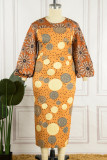 Orange Vintage Print Patchwork O Neck One Step Skirt Plus Size Dresses