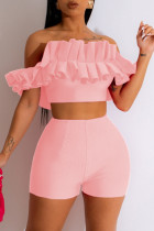 Rosa Sexy Casual Solid Backless Off the Shoulder Manica corta Due pezzi