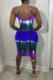 Blue Sexy Casual Print Tie Dye Backless Spaghetti Strap Sleeveless Dress Dresses