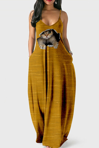 Dark Yellow Street Print Patchwork Spaghetti Strap Lantern Dress Dresses