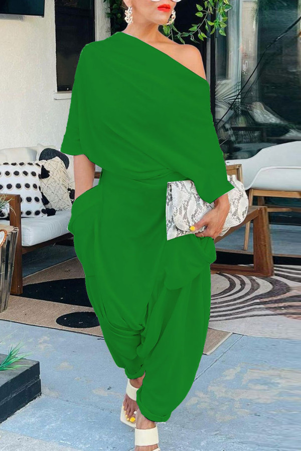 Groene Sexy Street Solid Pocket Asymmetrische Schuine Kraag Harlan Jumpsuits
