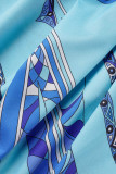 Синяя полоска Повседневная печать Пэчворк С открытыми плечами Длинный рукав Из двух частей