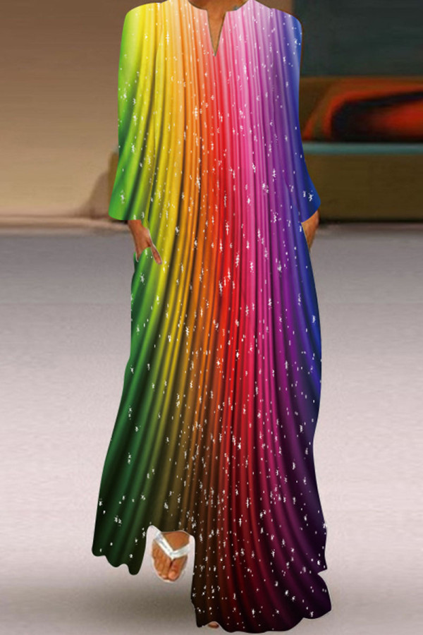 Rainbow Color Vintage Elegante Estampado Patchwork V Cuello Vestidos Rectos