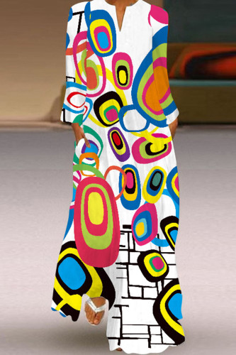 White Vintage Elegant Print Patchwork V Neck Straight Dresses