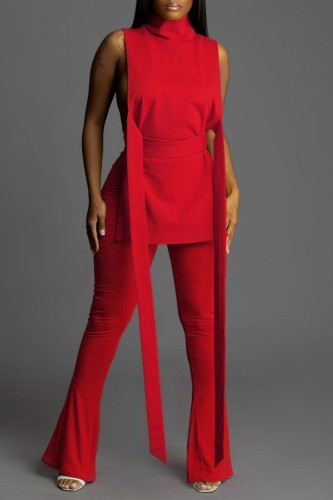 Red Casual Solid Bandage Turtleneck Sleeveless Two Pieces