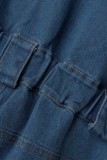 Blauer, lässiger, solider Patchwork-Umlegekragen mit langen Ärmeln und hoher Taille, normaler Denim-Overall
